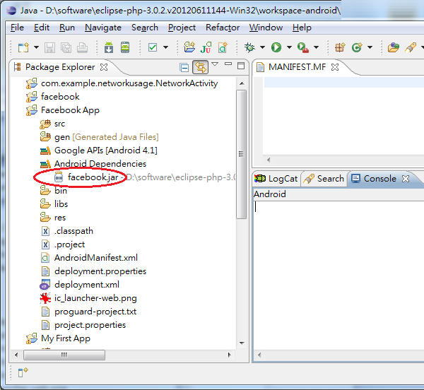 Eclipse Android Dependencies facebook.jar in Package Explorer