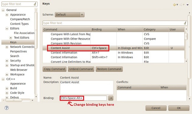 Eclipse Command Binding Keys Window