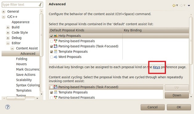 Eclipse Content Assist Advanced Window