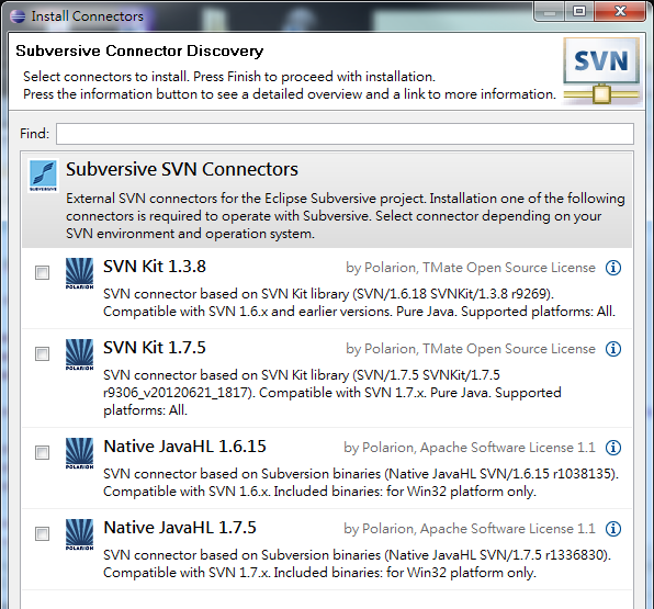 Eclipse Install Subversive SVN Connectors Dialog