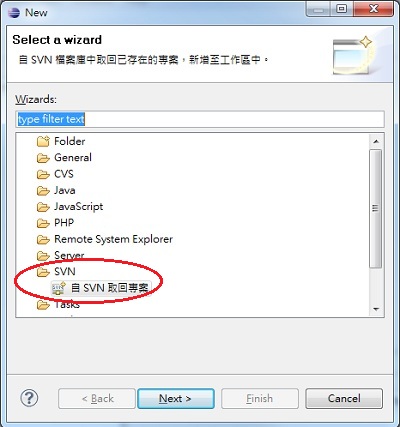 Eclipse SVN Checkout Wizard Dialog