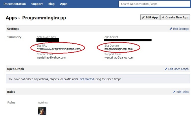 Example Facebook App Settings Screenshot