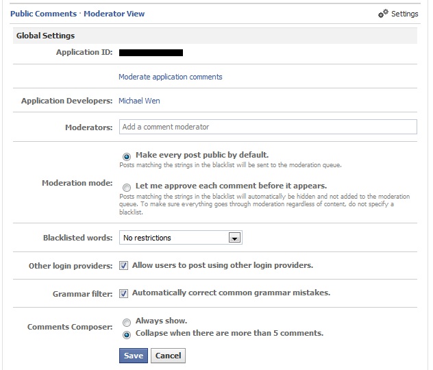 Facebook Comment Widget Moderator View Settings Screenshot