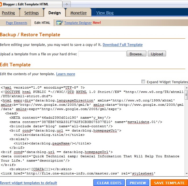 Blogger Template HTML Editor Window