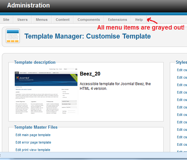 Joomla Admin Panel Menu Disabled or Grayed Out