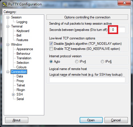 Putty Connection Configuration Window