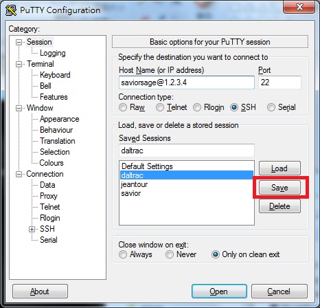 Putty Session Configuration Window