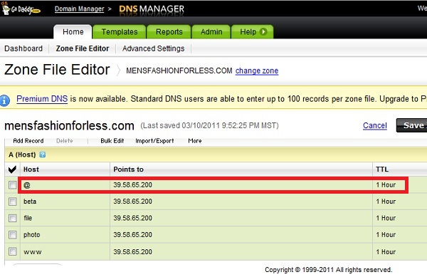 GoDaddy DNS Manager A Host Setting For Naked Domain